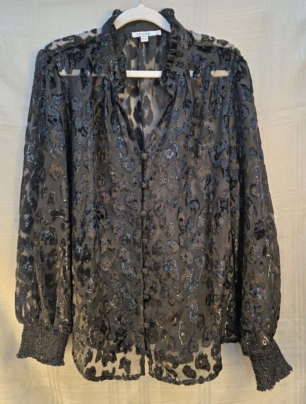 Chico's Women's Size 2/US 12 Black Velvet Burnout Leopard Print Button Top Sheer